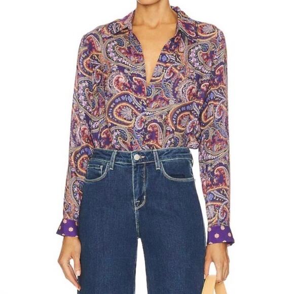 L’AGENCE Nina Purple Multi Vintage Paisley Silk Button Up Blouse Shirt - Picture 1 of 8
